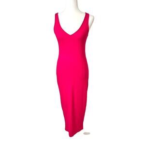 Hot Pink Ribbed Deep V-Neck Maxi Bodycon Dress Small